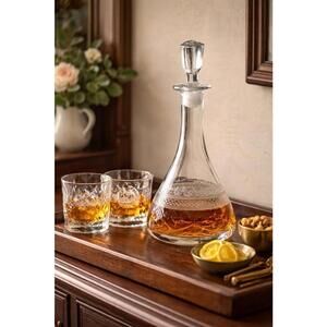 Bohemian Antique 1900s Wheel-Engraved Crystal Decanter With Stopper, 10.5”